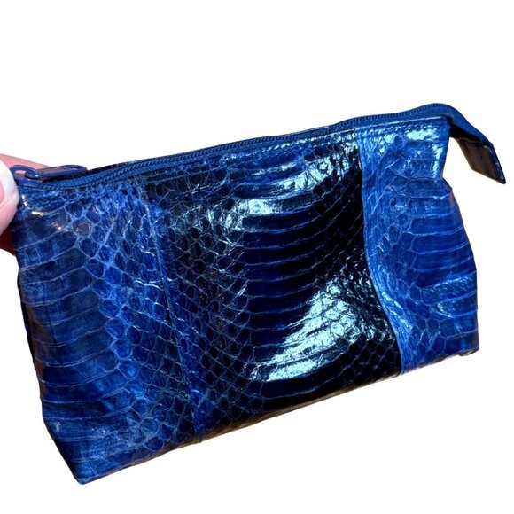 Crocodile Leather Cosmetic Neiman Marcus Pouch Blue Lightweight Travel Bag - Picture 2 of 8